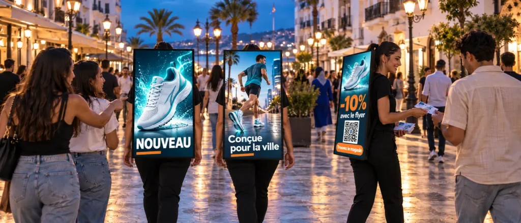 Plusieurs ambassadeurs équipés d’écrans digitaux lors d’une activation de marque dans une rue animée en soirée