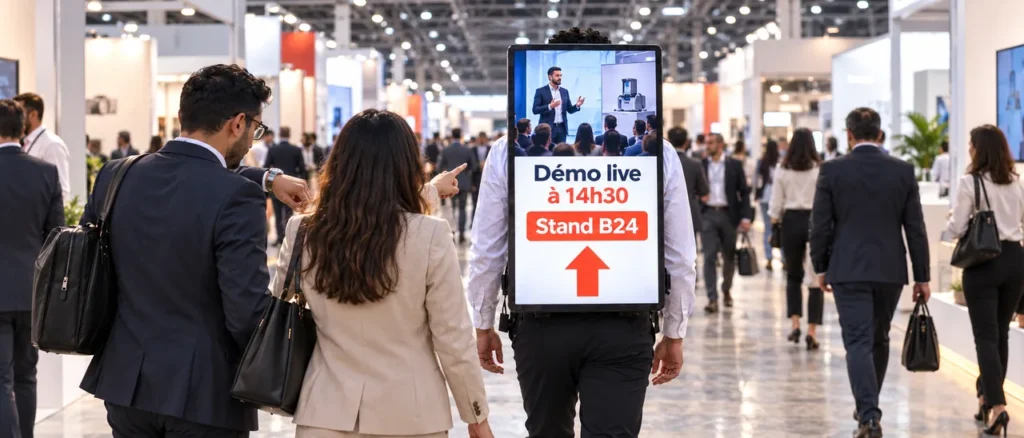 Ambassadeur guidant les visiteurs d’un salon professionnel vers un stand grâce à un écran digital