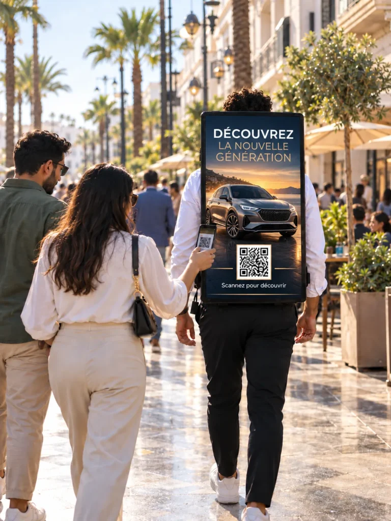 Ambassadeur portant un écran publicitaire « Découvrez la nouvelle génération » présentant une voiture, avec un QR code