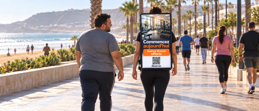 Ambassadeur MoovCom portant un écran publicitaire sur une promenade en bord de mer très fréquentée