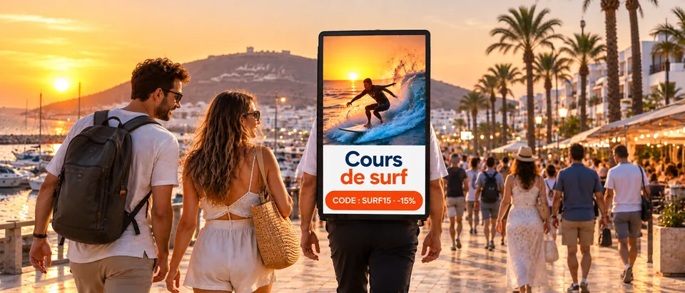 Ambassadeur MoovCom portant un écran publicitaire sur la plage d’Agadir au coucher du soleil