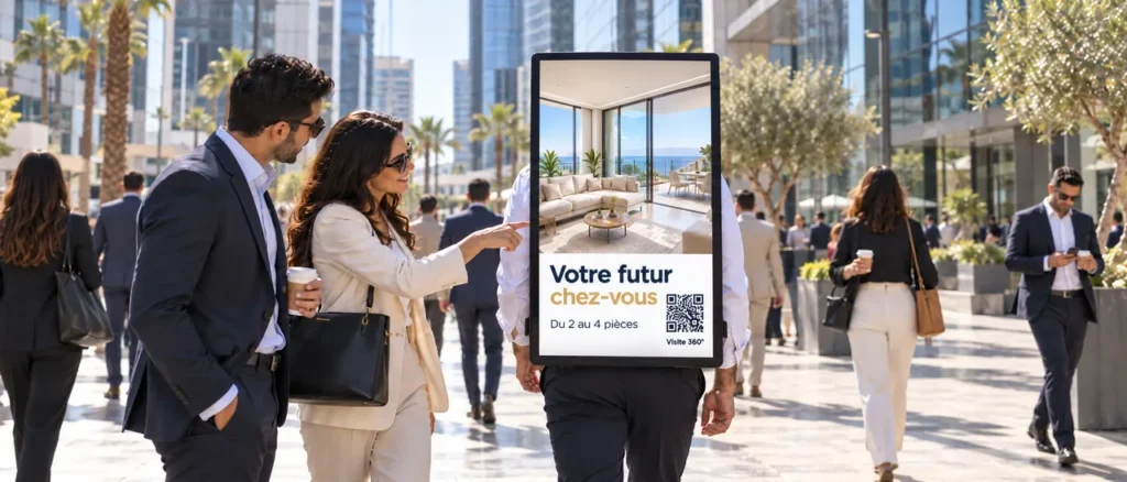 Ambassadeur portant un écran de promotion immobilière au milieu des passants d’un quartier d’affaires