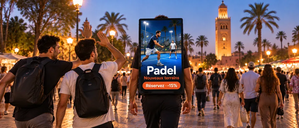 Ambassadeur MoovCom portant un écran publicitaire à Marrakech en fin de journée, face à la Koutoubia
