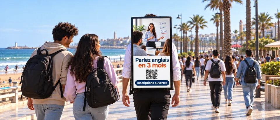 Ambassadeur MoovCom portant un écran « Parlez anglais en 3 mois » sur une promenade en bord de mer, avec un phare au loin