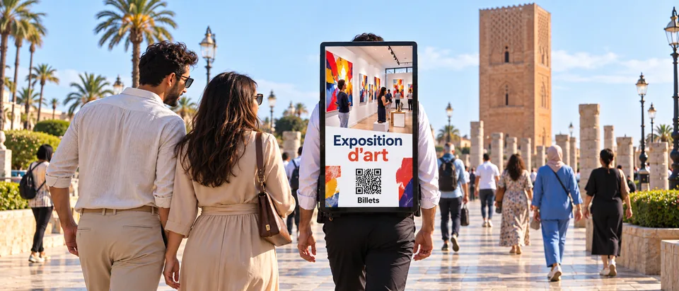 Ambassadeur MoovCom portant un écran publicitaire à Rabat, près de la tour Hassan