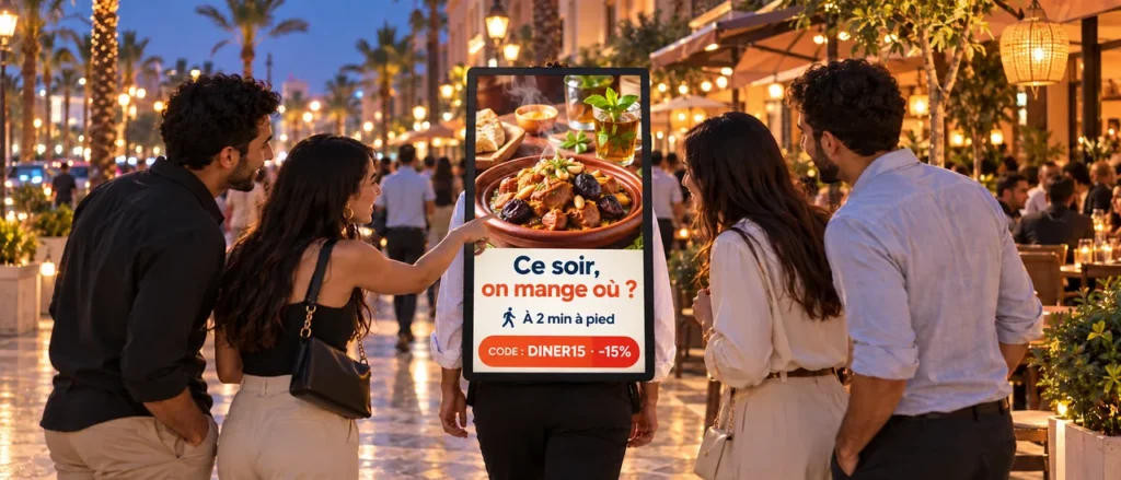 Écran publicitaire mobile pour un restaurant, présenté aux clients d’une terrasse animée