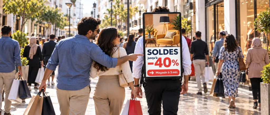 Ambassadeur annonçant des soldes à -40 % sur un écran digital dans une rue commerçante