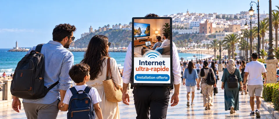 Ambassadeur MoovCom sur la promenade en bord de mer de Tanger, avec la ville blanche en arrière-plan